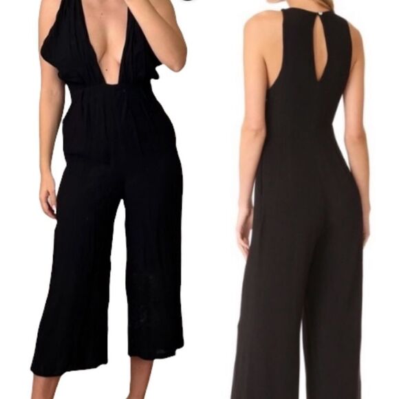 Mara Hoffman Black Wide Leg Deep Plunge Cropped Leg Jumpsuit SIZE 4 - Picture 1 of 6